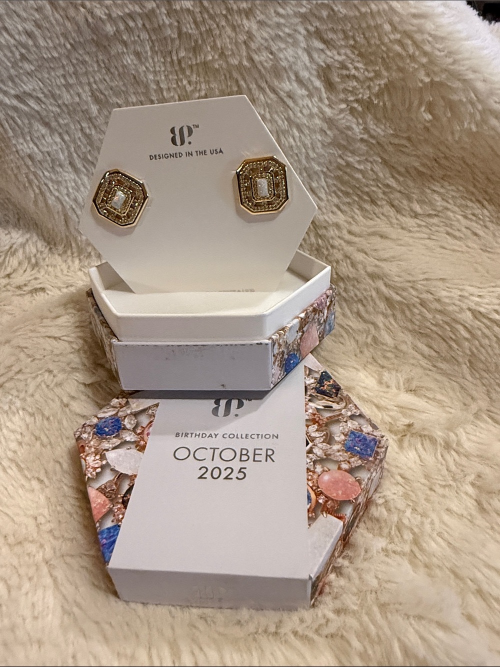 Gold-Tone Opal Octagon Stud Earrings - October Collection
